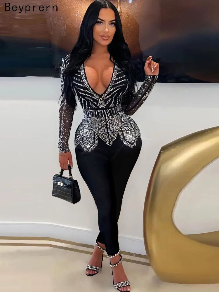 Black Rhinestone Long Pants Jumpsuits 