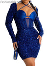 Women Long Sleeve Mesh Halter Sequined Slim High Waist Bodycon Dress