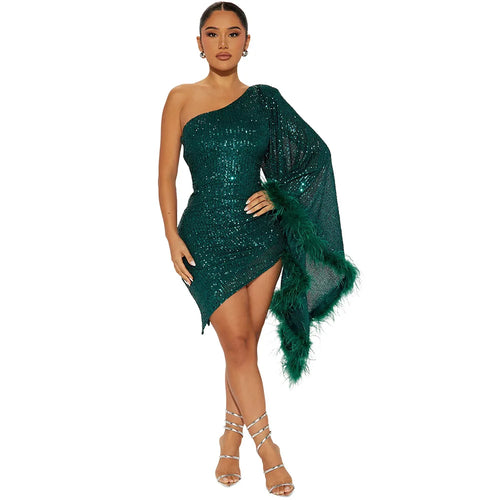 Sexy One Shoulder Sequin Feather Party Prom Bodycon Mini Dresses