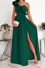 One Shoulder Ruffled Edge Long Maxi Dress