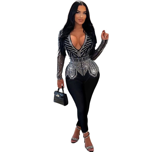 Sparkle Black Rhinestone Long Sleeve Jumpsuit