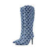 Plaid Denim Blue Cloth Women's Boots (10cm High Heels)