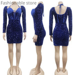 Women Long Sleeve Mesh Halter Sequined Slim High Waist Bodycon Dress