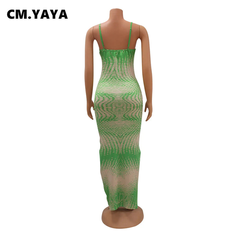 Women Tie Dye Printed Strap Sleeveless Bodycon Midi Maxi Dresses