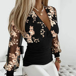 Women Sexy Floral  Lace long Sleeve Deep V- Neck Tops