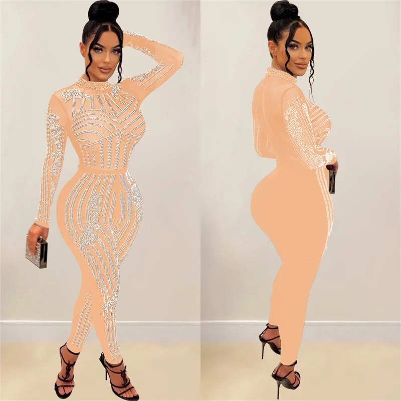 Sexy Mesh See Through Rhinestone Jumpsuit