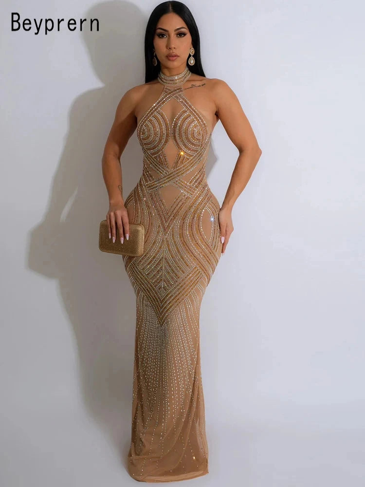 Rhinestones Maxi Glam Backless Dress