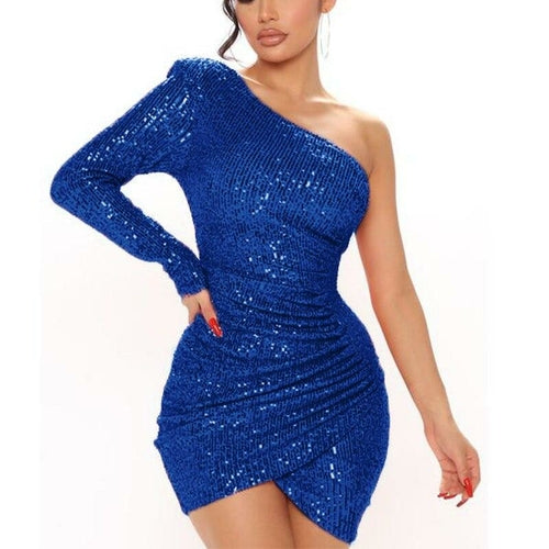 Sexy Skew Collar Glitter Sequin Dress