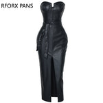 Solid Tube Slit Coated PU Leather Dress 