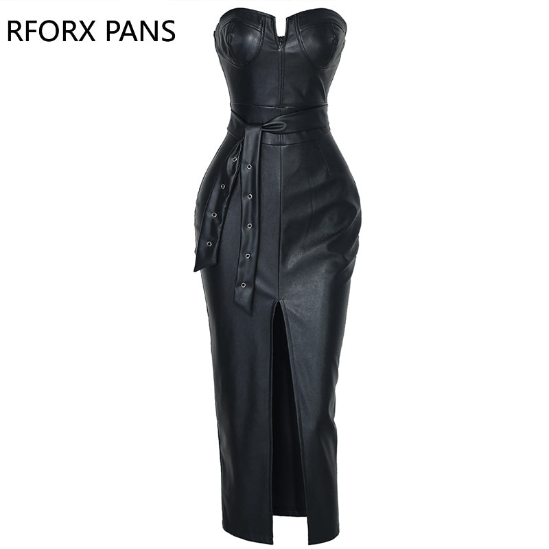 Solid Tube Slit Coated PU Leather Dress 