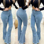 Women Denim High Waist Stretch Ripped Sexy Bell Bottoms Jeans