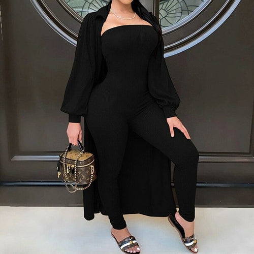 Women Fashion Jumpsuit and Long Cardigan Coat Set