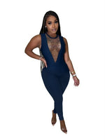 Women Mesh See Through Sexy Deep V Neck Sequin Jumpsuits