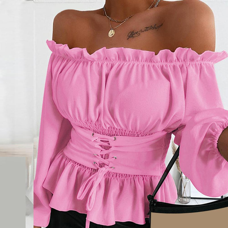 Women  Casual Solid Color Long Sleeve Ruffle Blouse 