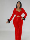 Women Solid Feather Hollowing Sequins V neck Full Sleeve Jumpsuits