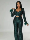 Women Solid Feather Hollowing Sequins V neck Full Sleeve Jumpsuits