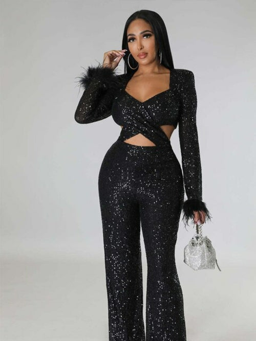 Women Solid Feather Hollowing Sequins V neck Full Sleeve Jumpsuits