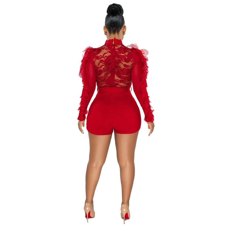 Women's Sexy Lace Top Bandage Long Sleeve Rompers