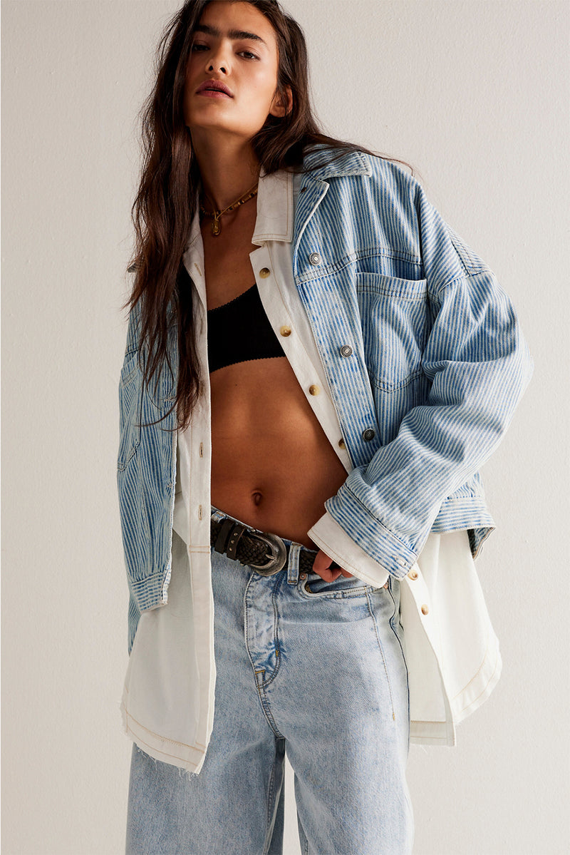 Blue Stripe Washed Oversized Pocketed Denim Jacket