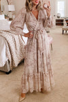 Leopard Surplice V Neck Bubble Sleeve Sash Maxi Dress