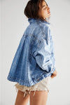 Blue Stripe Washed Oversized Pocketed Denim Jacket