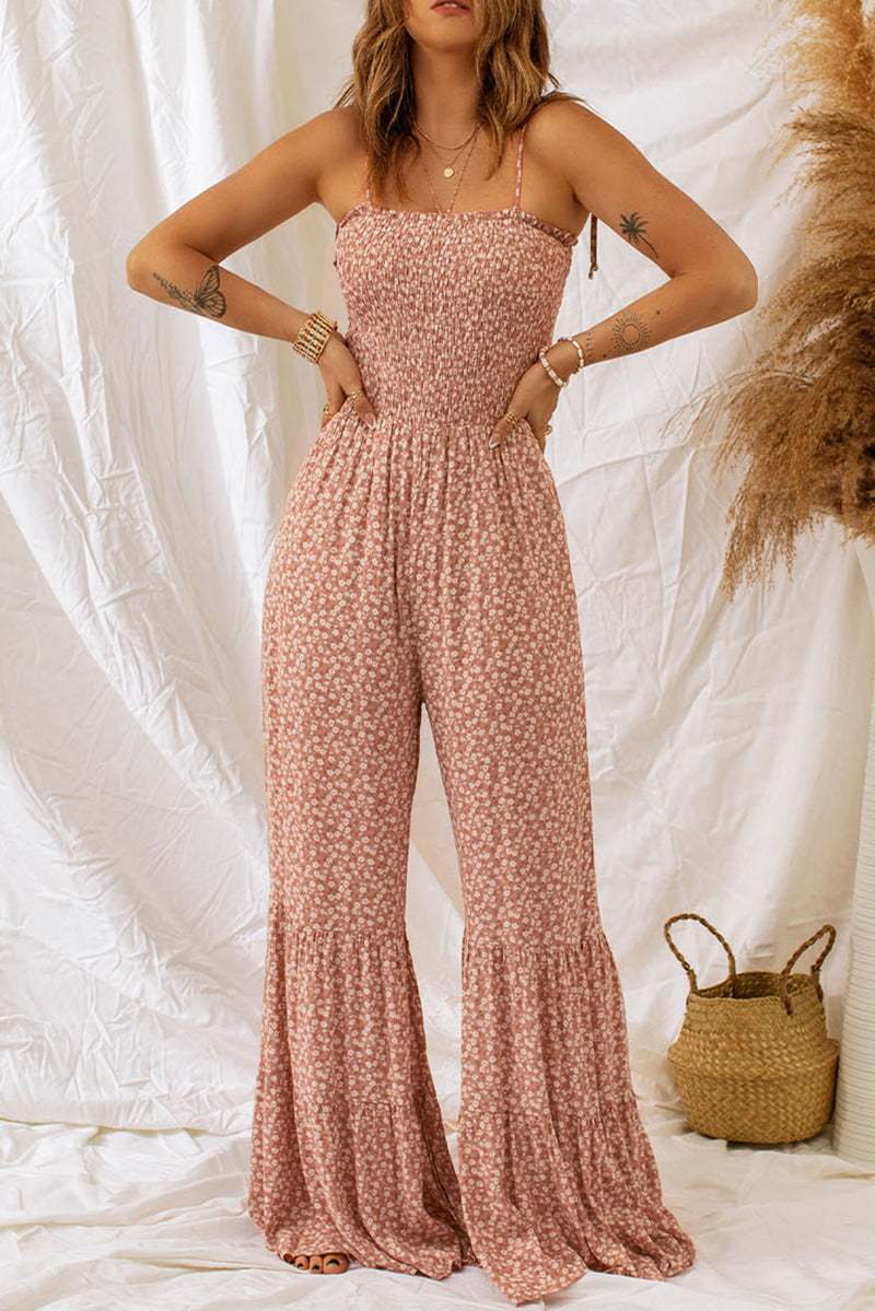 Khaki Floral Spaghetti Straps Smocked Bodice Wide Leg Jumpsuit