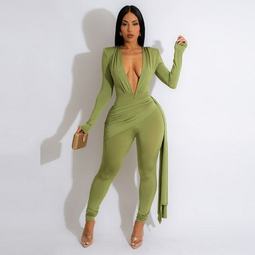 Women Sexy Long Sleeve Deep V Neck Jumpsuits