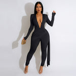 Women Sexy Long Sleeve Deep V Neck Jumpsuits