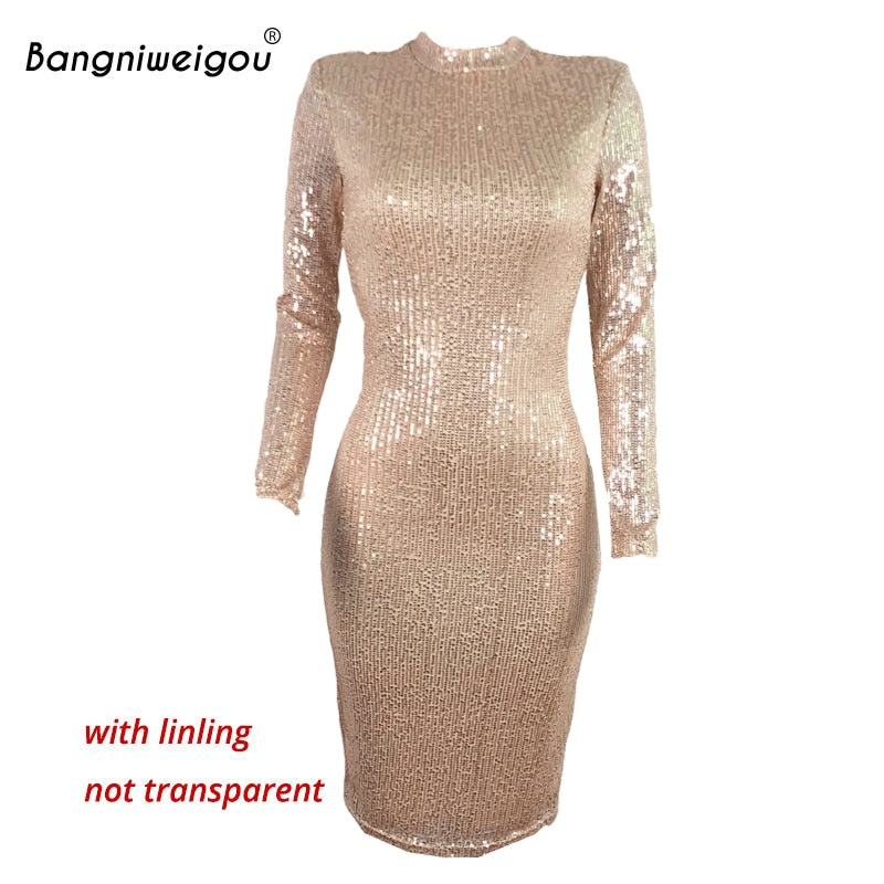 Women’s  Elegant Long Sleeved Winter Sequin Bodycon  Dresses