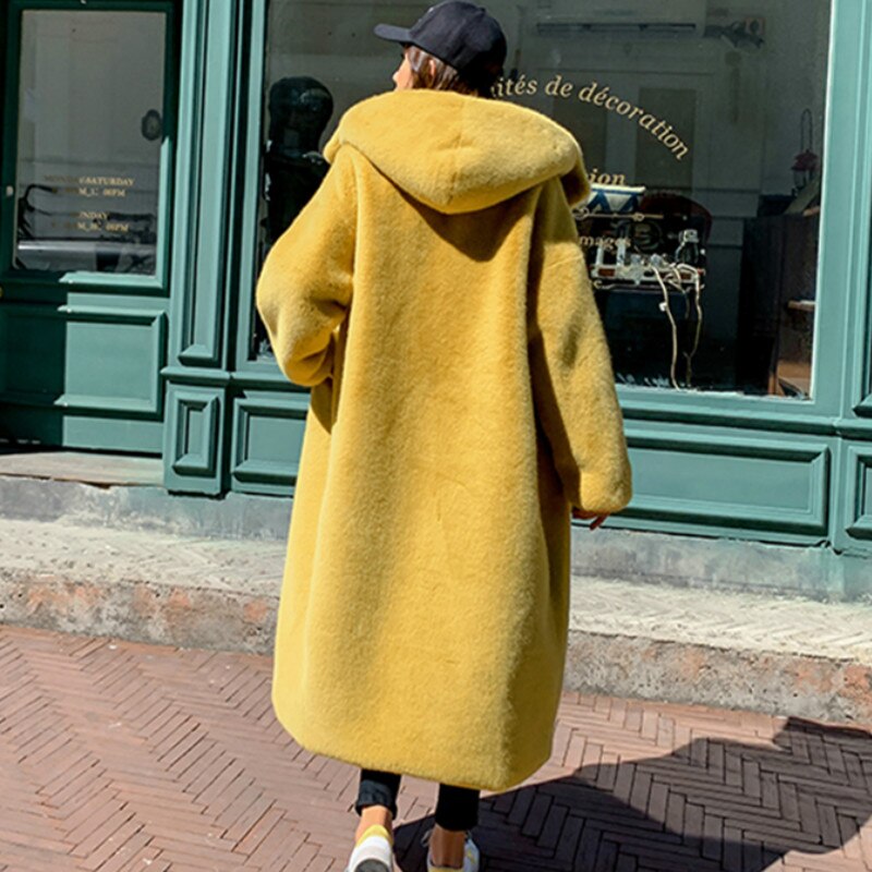 Women Faux Rabbit Hair Fur Hooded  Long  Loose Thick Warm Faux Fur Jackets