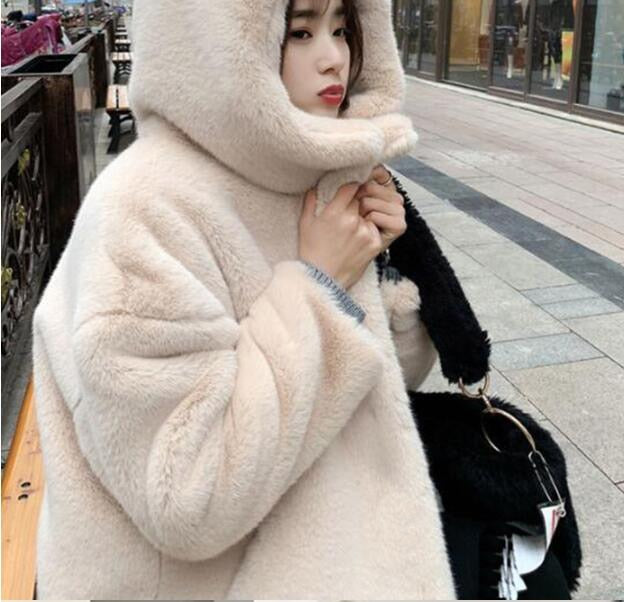 Women Faux Rabbit Hair Fur Hooded  Long  Loose Thick Warm Faux Fur Jackets