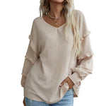 Casual Solid Color Long Lantern Sleeve Ruffle Knitting Tops