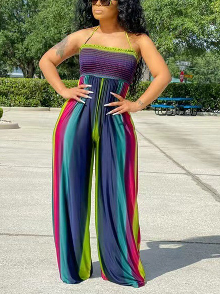 Halter Multi Color Strapless Wide Leg Backless Jumpsuits