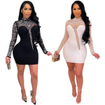 Women’s Sheer Mesh Rhinestone  Long Sleeve Elegant Sexy Mini Dresses