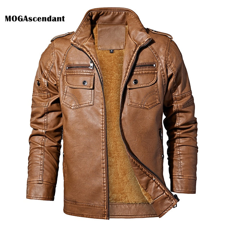 Men  Winter Fleece Casual Motorcycle  Genuine Leather Jacket