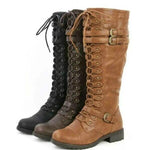 Women Knee High  Winter Lace Up Flat  Sexy Steampunk PU Retro Buckle Boots